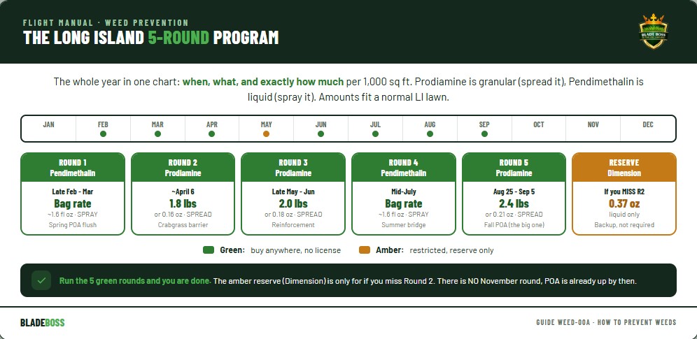 The Long Island 5-round pre-emergent chart, starting in late winter. Round 1 late February pendimethalin bag rate (spray), Round 2 early April prodiamine 1.8 lbs or 0.16 oz for crabgrass (spread), Round 3 late May prodiamine 2.0 lbs or 0.18 oz (spread), Round 4 mid-July pendimethalin bag rate (spray), Round 5 late August prodiamine 2.4 lbs or 0.21 oz for fall POA (spread). All five are green tier, buy anywhere. Dimension reserve 0.37 oz shown in amber, used only if Round 2 is missed.
