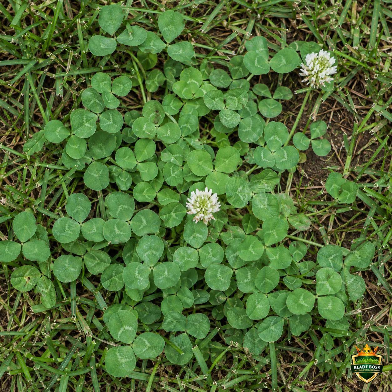 White Clover weed identification photo, top-down view in a lawn