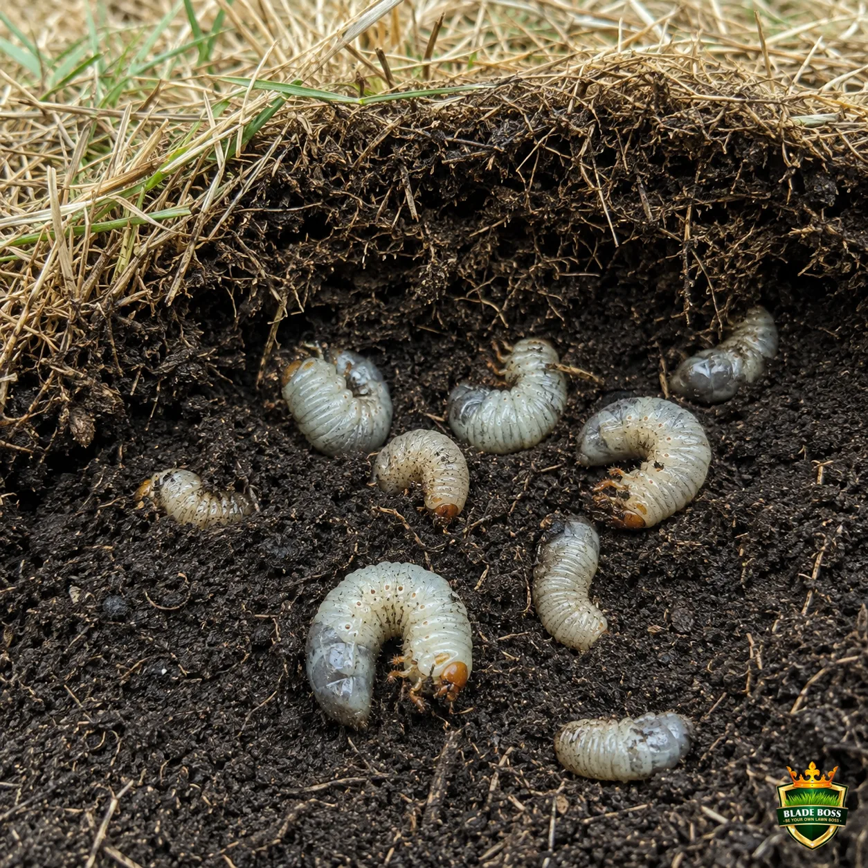 White Grubs lawn pest identification photo, close-up in turf