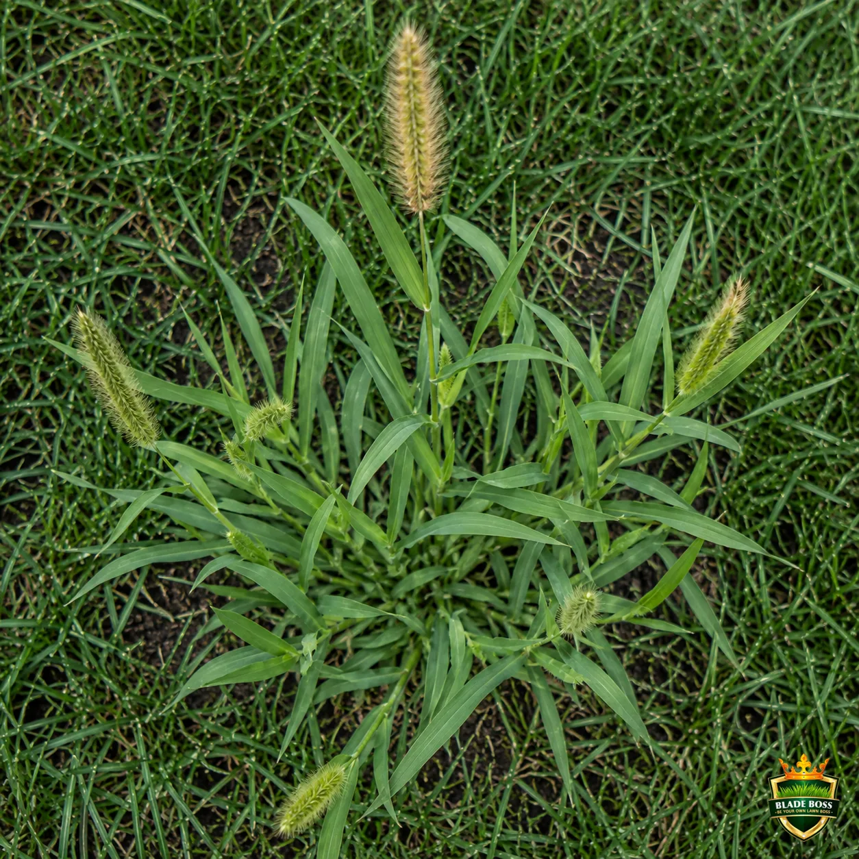 Yellow Foxtail weed identification photo, top-down view in a lawn