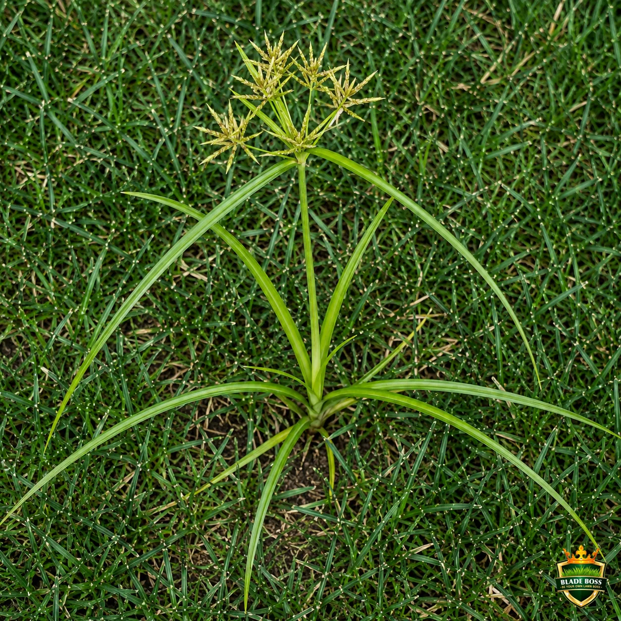 Yellow Nutsedge weed identification photo, top-down view in a lawn
