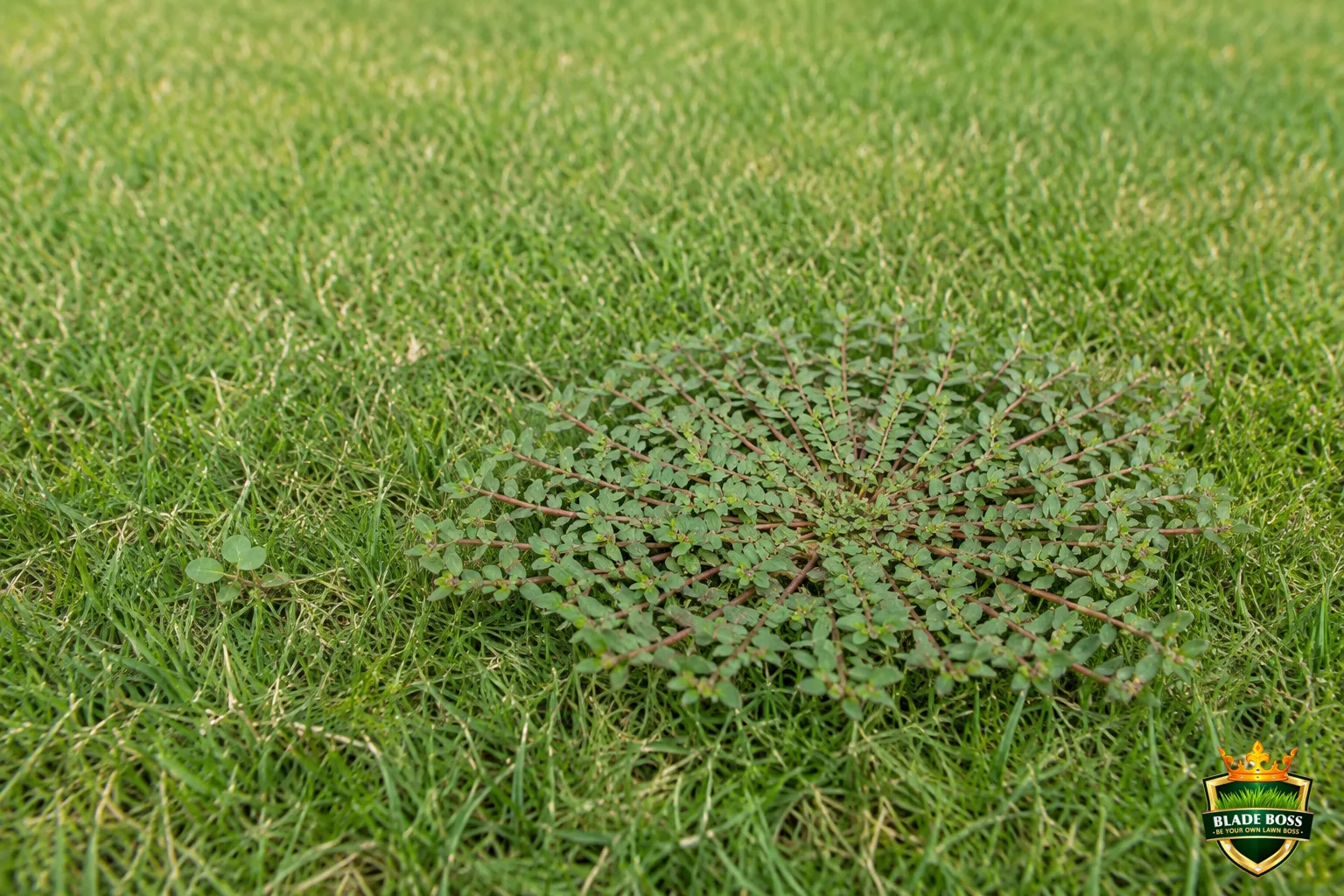 A small young spurge seedling beside a large mature sprawling spurge mat in a lawn, showing how much bigger and tougher it becomes if left to grow